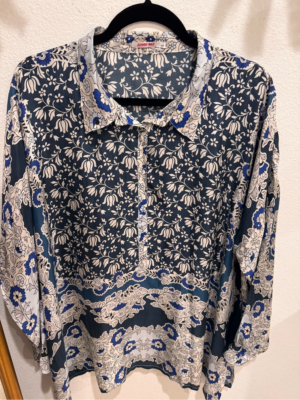 Johnny Was Navy and Cream Floral Button-Front Shirt